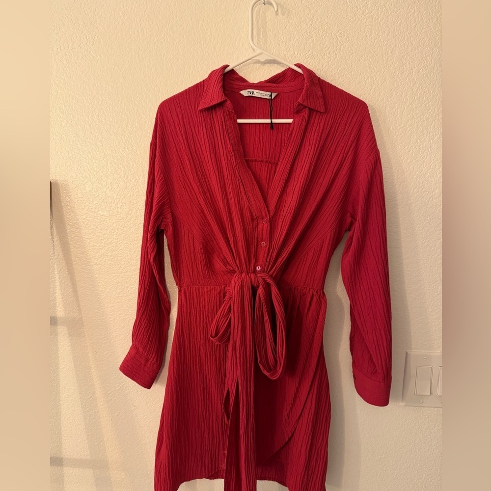 Zara Magenta Pink Dress Faux Wrap Mini Dress Long Sleeve Size XS